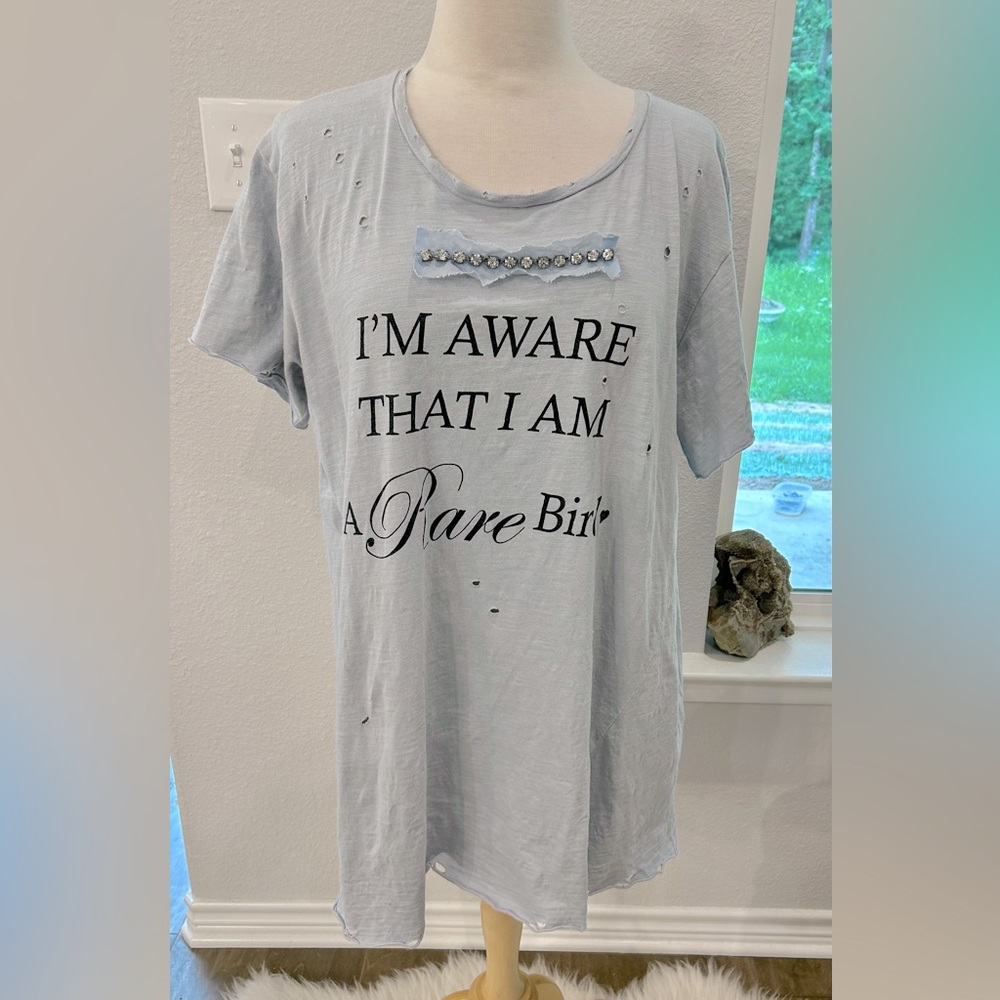 A Rare bird "I'm Aware That I Am A Rare Bird" distressed Light Blue Graphic Tee